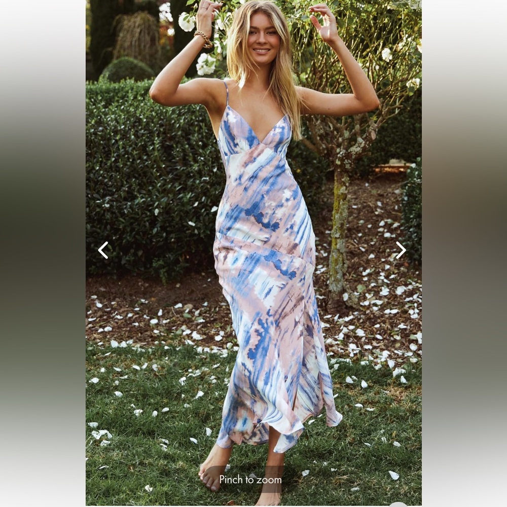 Selfie leslie DOWNTOWN CAMI STRAP FRONT SPLIT MIDI DRESS PAINT PRINT PINK MULTI
